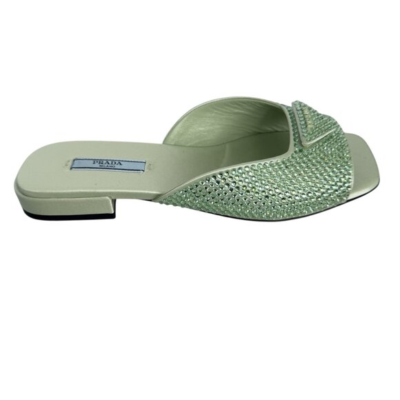 Prada Satin Crystal Embellished Acqua Slide Mules Sandals 37.5, 1XX642 NEW - Picture 5 of 16